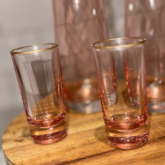 Vintage Rose Color Gold Rimmed Champagne and Shot Glasses - Picture 2 of 8